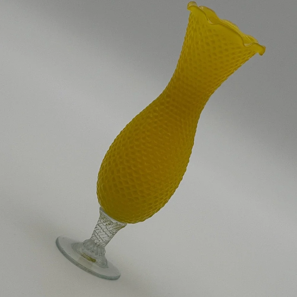 Vintage Yellow Satin Hobnail Glass Bud Vase Clear Twisted Stem‎ Ruffled Rim 10in